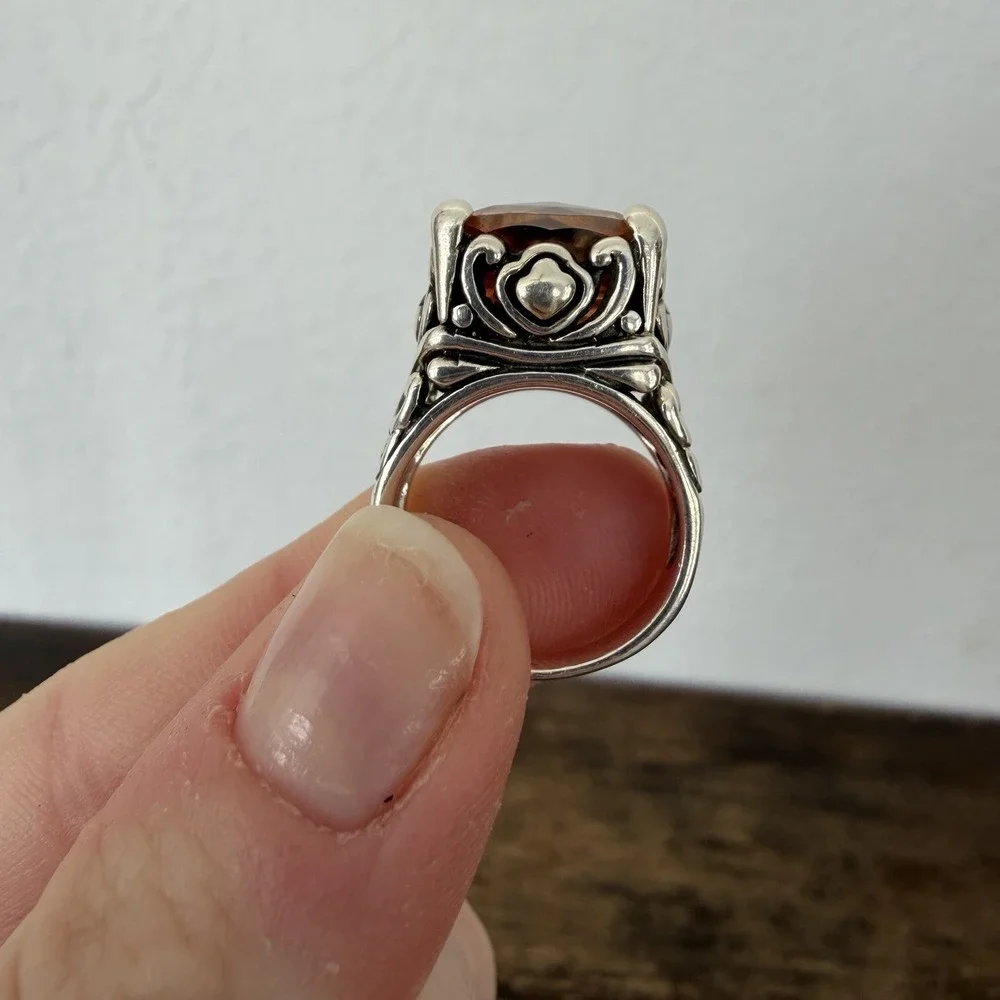 VTG Filigree Sterling Silver 925 Estate Ring Lg.  Peach Cushion Cut Ring Sz 5.75